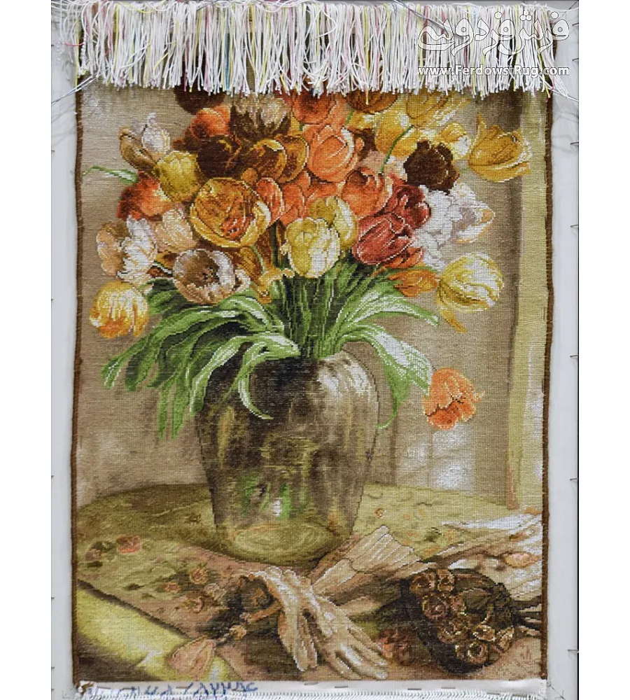 Handwoven wall carpet featuring tulip vase design, Tabriz style, perfect for home decor or gifting, showcasing intricate craftsmanship.