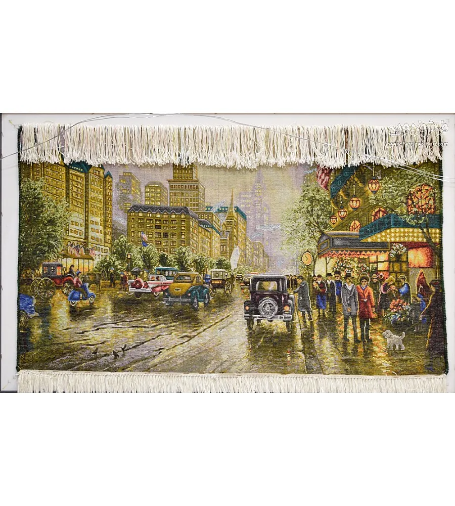 Handwoven wall carpet with New York street design, Tabriz style, perfect for home decor and adding a modern artistic touch.