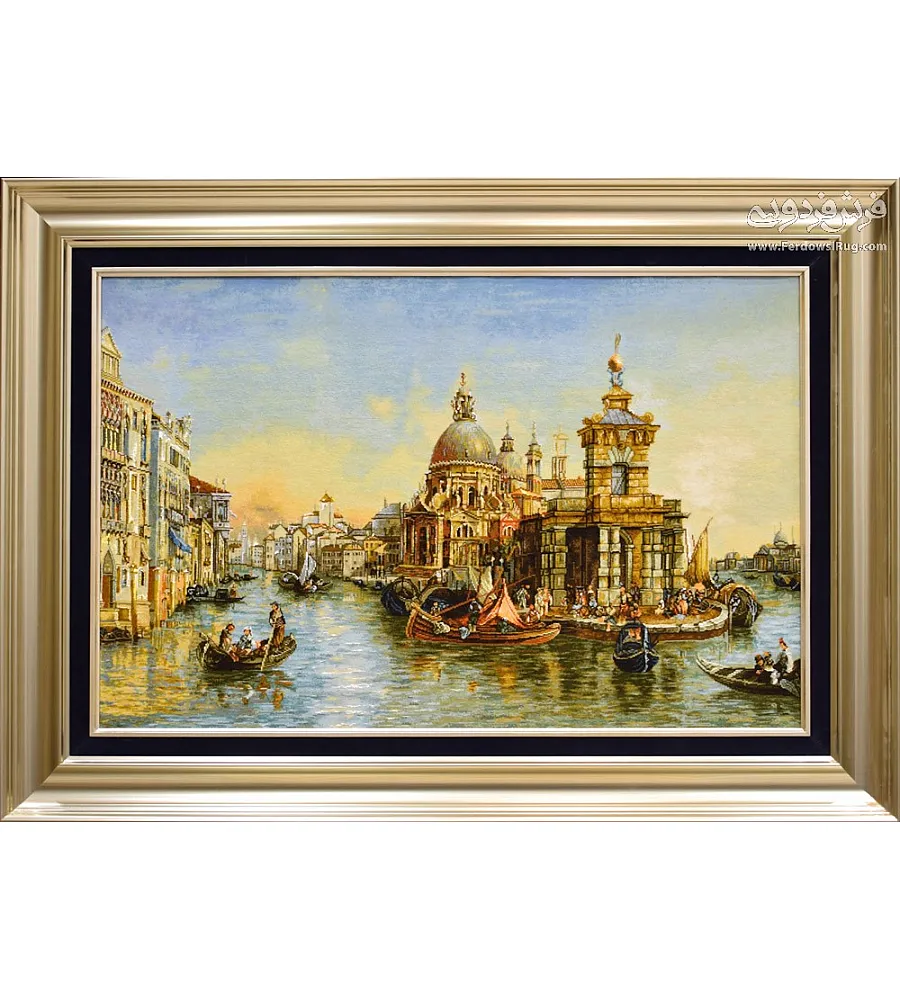 تابلو فرش دستباف طرح اسکله ونیز بافت تبریز رنگ های زنده کیفیت بالا مناسب دکوراسیون داخلی جذاب و کلاسیک