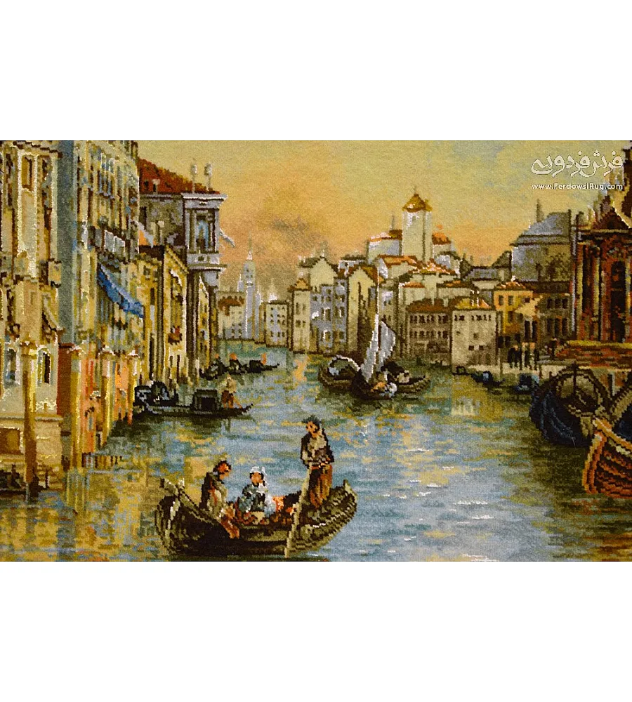 تابلو فرش دستباف طرح اسکله ونیز بافت تبریز رنگ های زنده کیفیت بالا مناسب دکوراسیون داخلی جذاب و کلاسیک