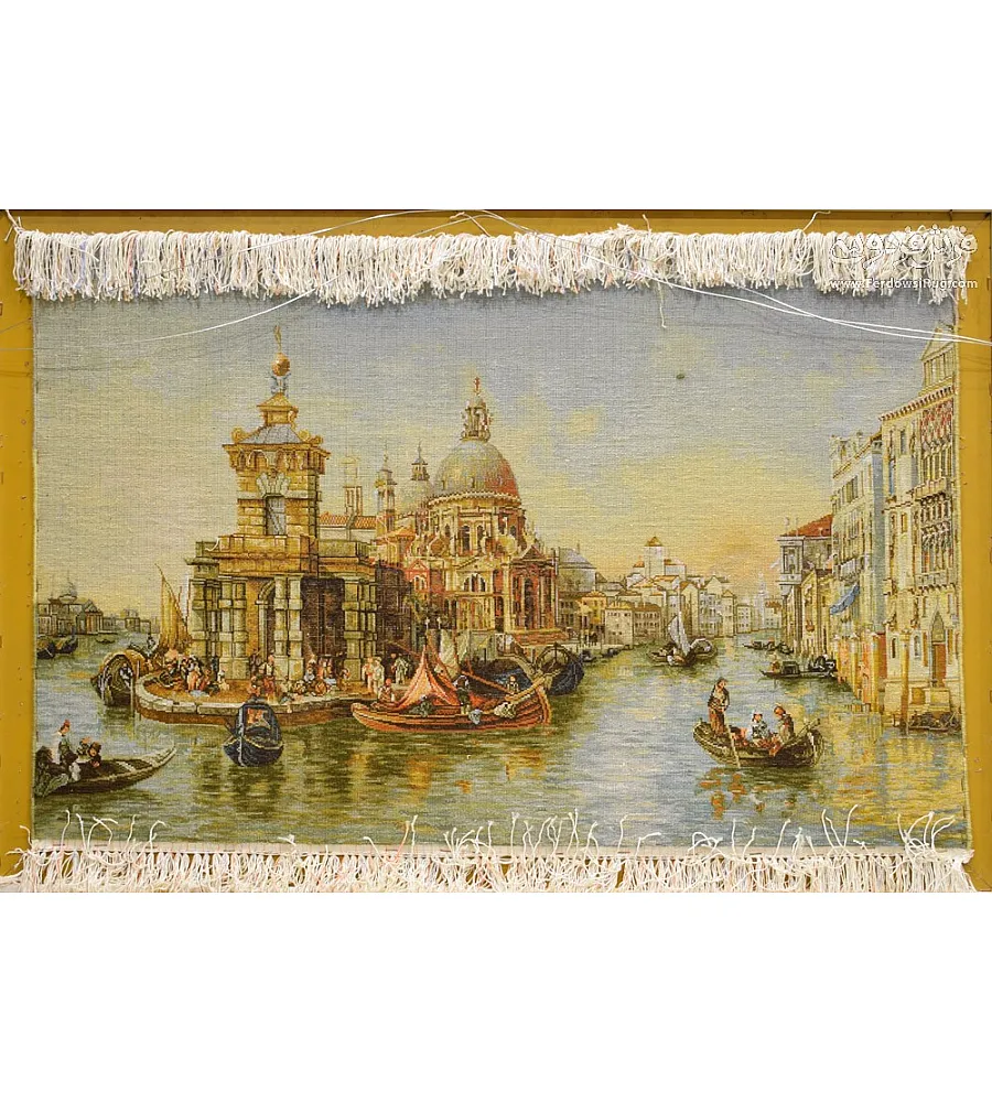 تابلو فرش دستباف طرح اسکله ونیز بافت تبریز رنگ های زنده کیفیت بالا مناسب دکوراسیون داخلی جذاب و کلاسیک