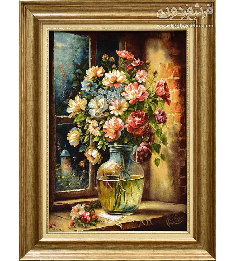 تابلو فرش دستباف طرح گل رز قرمز با قاب چوبی کلاسیک مناسب دکوراسیون منزل و هدیه خاص ساخت تبریز