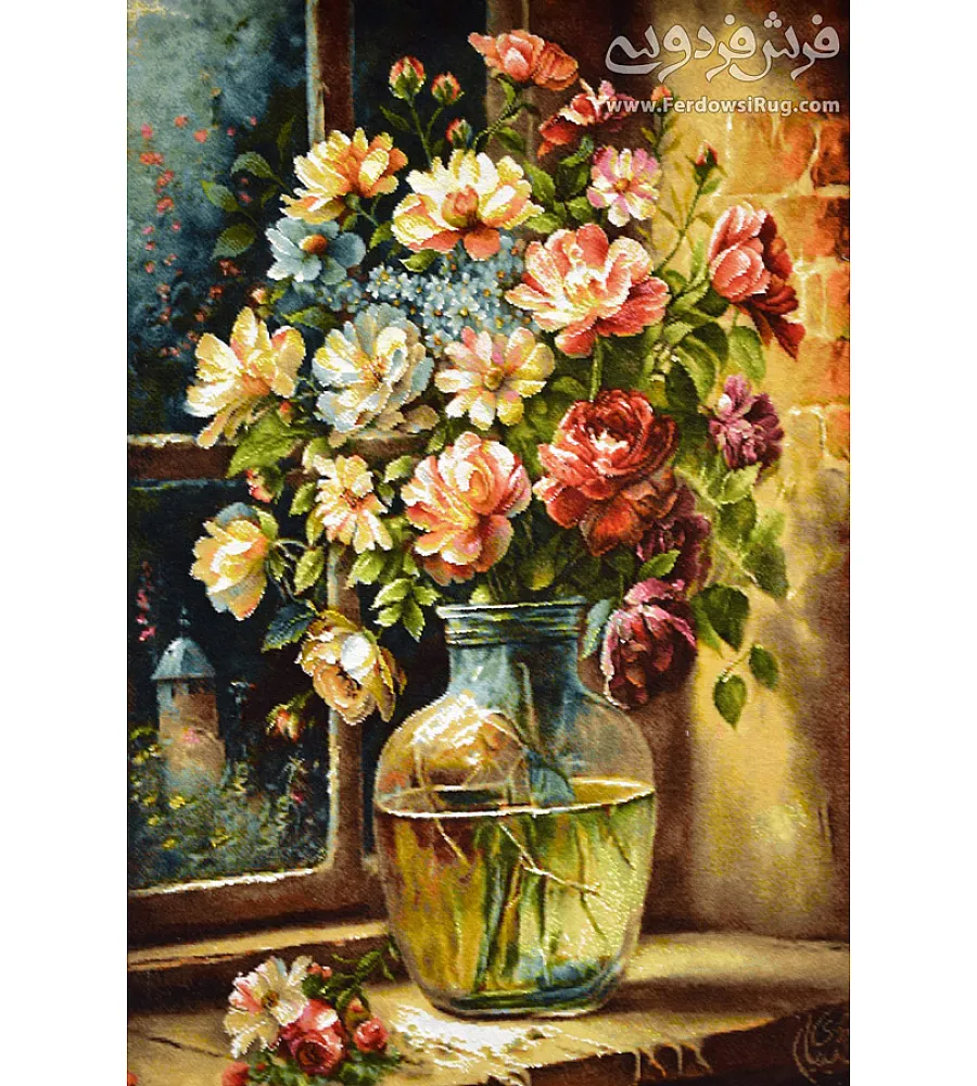 تابلو فرش دستباف طرح گل رز قرمز با قاب چوبی کلاسیک مناسب دکوراسیون منزل و هدیه خاص ساخت تبریز