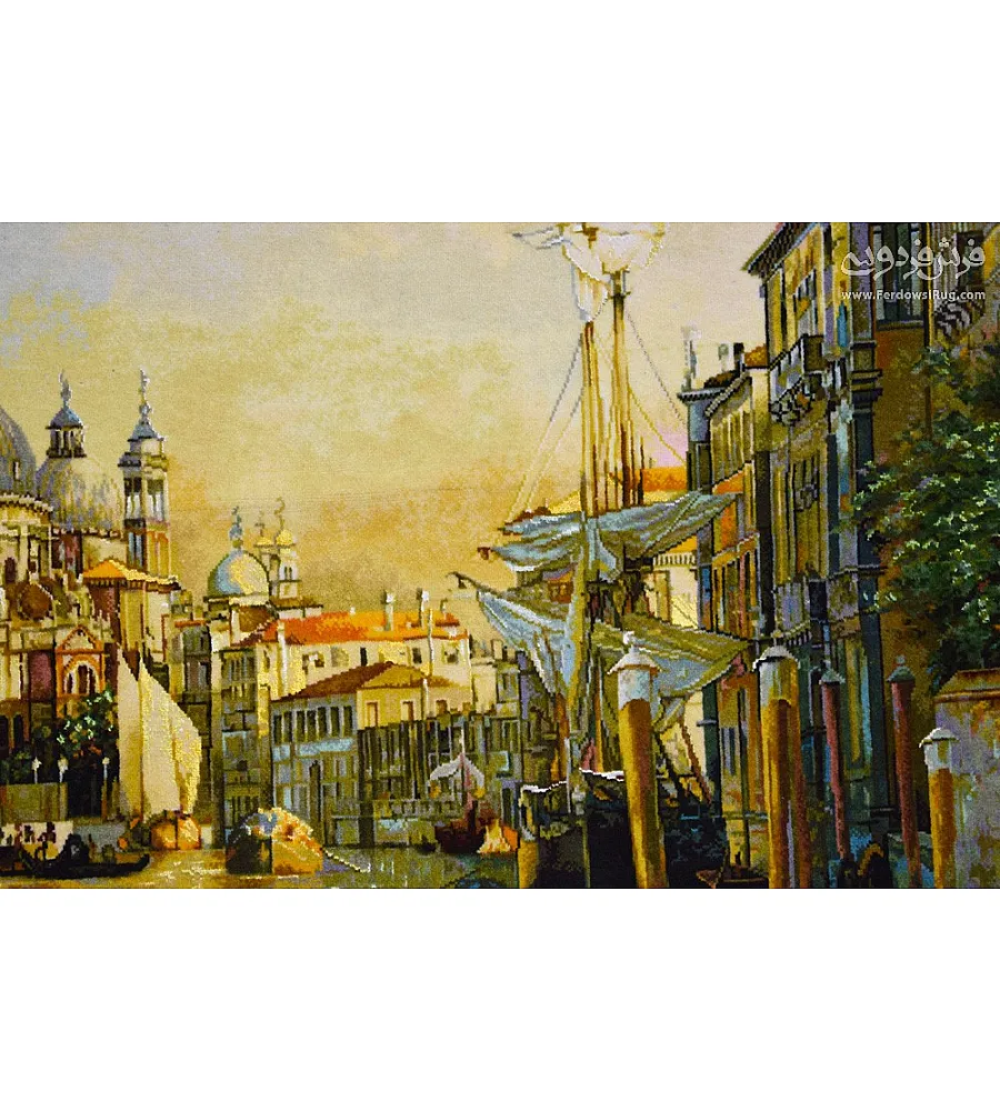 تابلو فرش دستباف طرح اسکله ونیز ایتالیا با رنگ های گرم و کیفیت بالا مناسب دکوراسیون داخلی