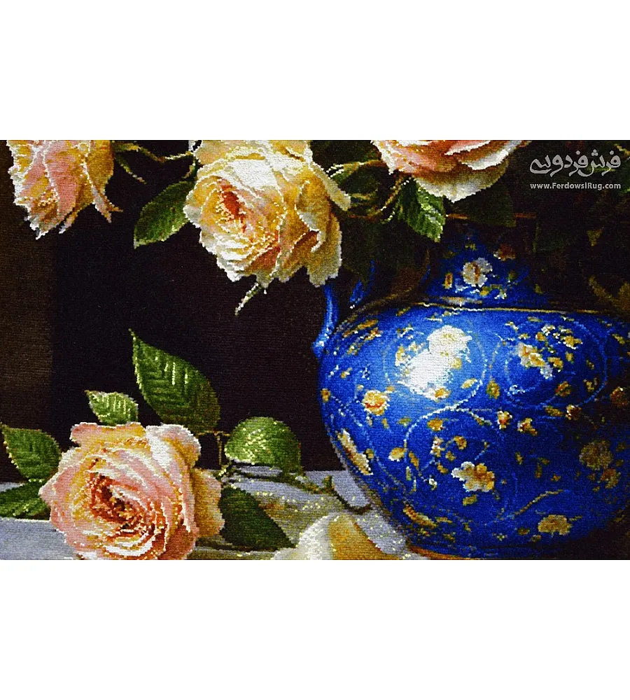 تابلو فرش دستباف طرح گلدان فیروزه ای بافت تبریز مناسب دکوراسیون لوکس و هدیه خاص