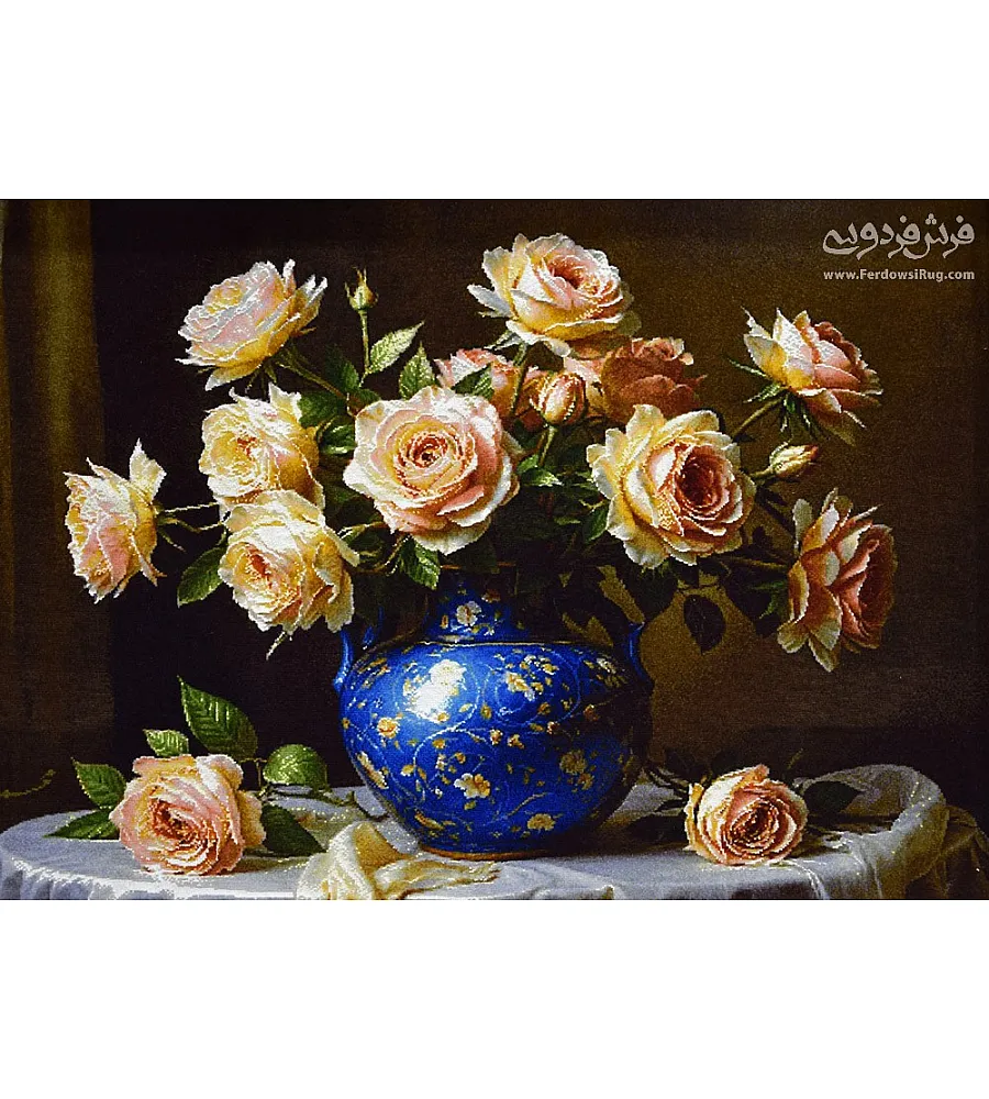 تابلو فرش دستباف طرح گلدان فیروزه ای بافت تبریز مناسب دکوراسیون لوکس و هدیه خاص