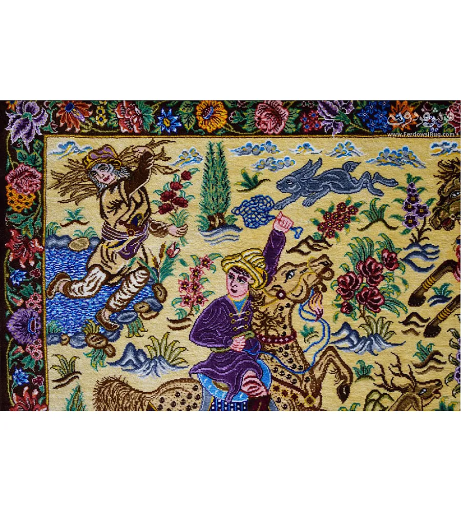 Handwoven wall carpet featuring a hunting scene design, crafted in Qom with intricate details and premium quality materials.