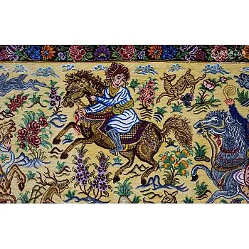Handwoven Wall Carpet Hunting Scene Design Qom