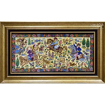 Handwoven Wall Carpet Hunting Scene Design Qom