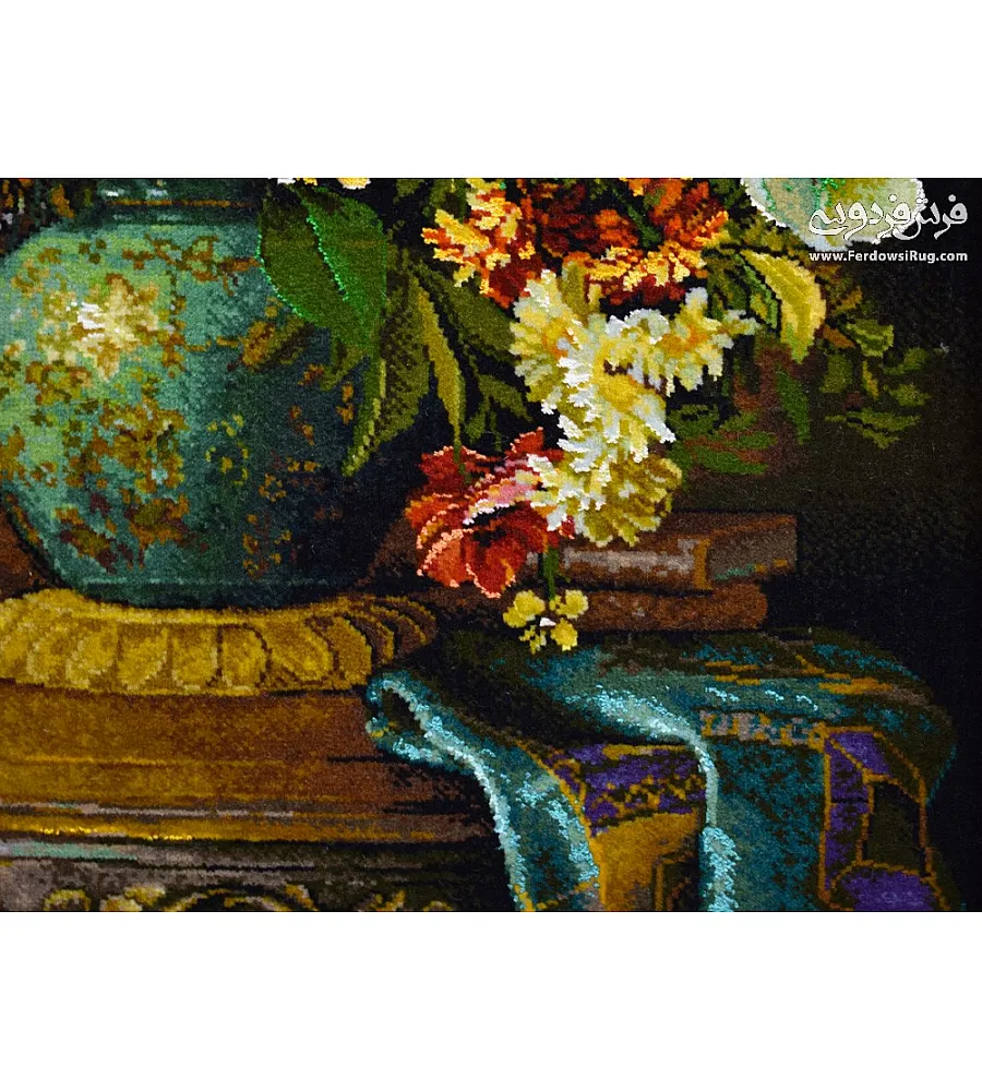 تابلو فرش دستباف تبریز طرح گل همتا با رنگهای زنده و کیفیت بالا مناسب دکوراسیون داخلی منزل و هدیه خاص