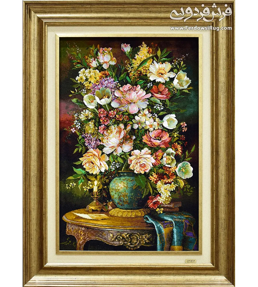 تابلو فرش دستباف تبریز طرح گل همتا با رنگهای زنده و کیفیت بالا مناسب دکوراسیون داخلی منزل و هدیه خاص