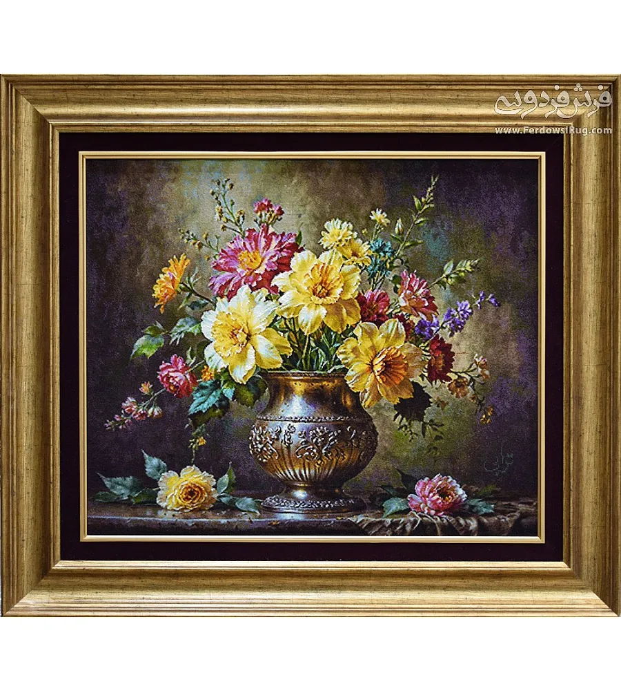 تابلو فرش دستباف طرح گلدان نقره با رنگ های طبیعی و کیفیت بالا مناسب دکوراسیون داخلی ساخت تبریز