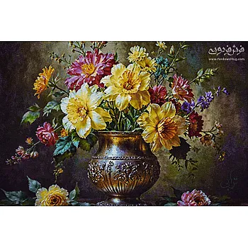 تابلو فرش دستباف طرح گلدان نقره بافت تبریز 