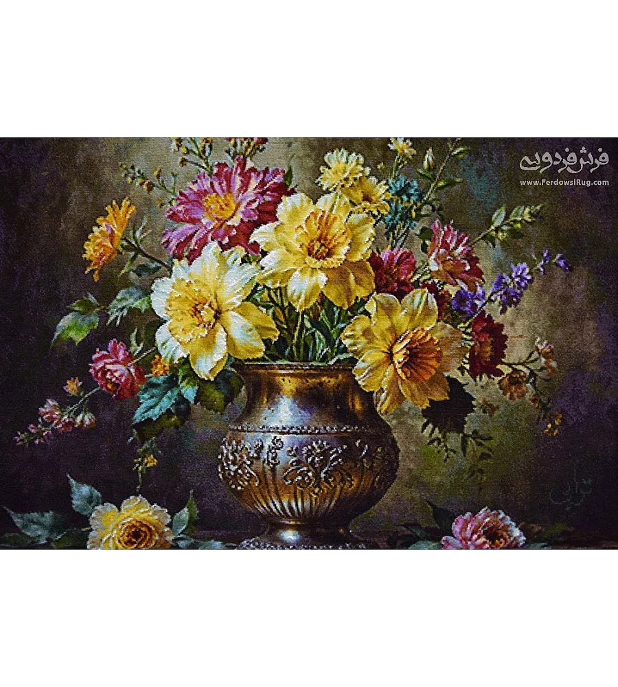 تابلو فرش دستباف طرح گلدان نقره با رنگ های طبیعی و کیفیت بالا مناسب دکوراسیون داخلی ساخت تبریز