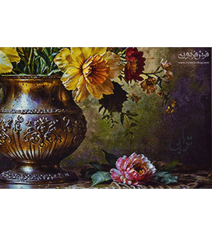 تابلو فرش دستباف طرح گلدان نقره با رنگ های طبیعی و کیفیت بالا مناسب دکوراسیون داخلی ساخت تبریز
