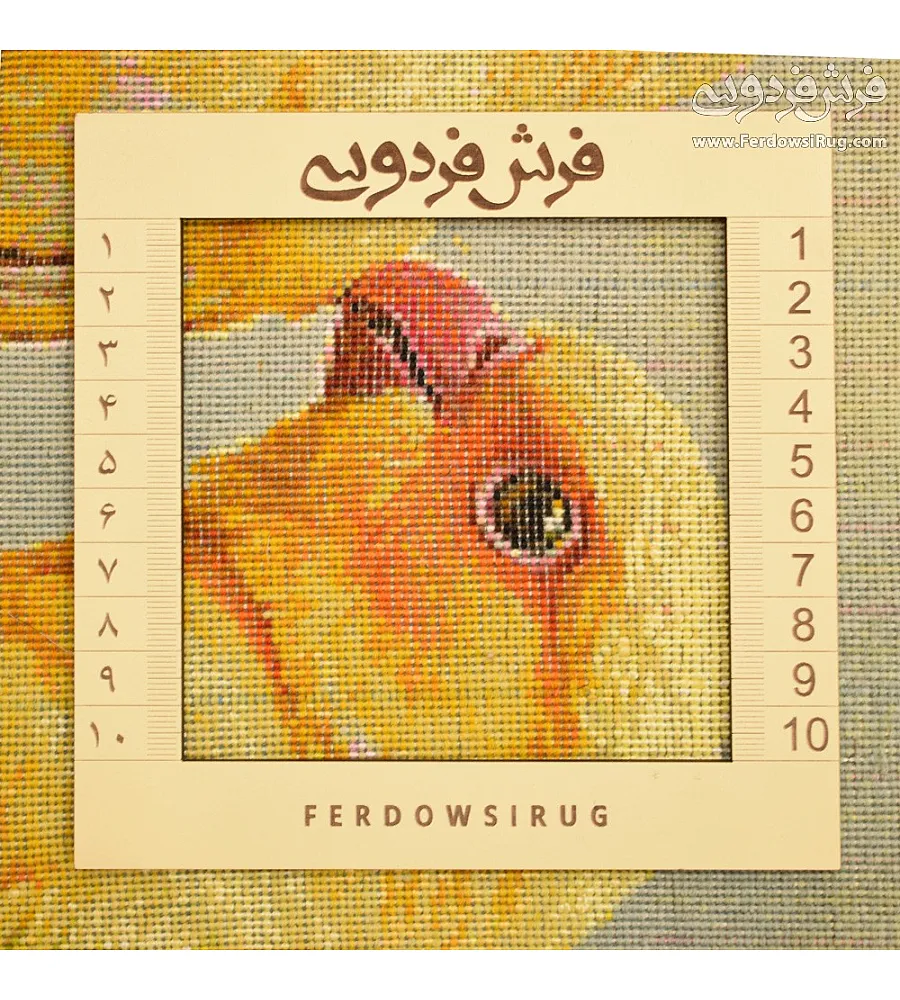 Handwoven carpet tableau with Azanchi bird design, horizontal Tabriz weave, vibrant colors, intricate craftsmanship, Persian art style