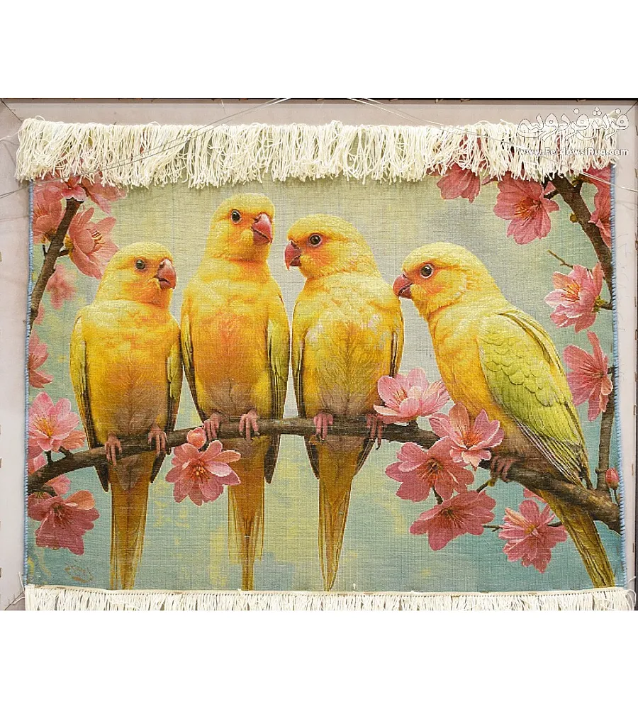 Handwoven carpet tableau with Azanchi bird design, horizontal Tabriz weave, vibrant colors, intricate craftsmanship, Persian art style