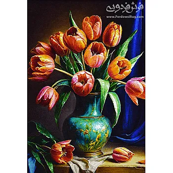 Handwoven carpet panel design of tulip vase woven in Tabriz