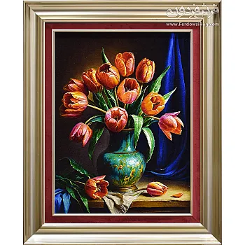 Handwoven carpet panel design of tulip vase woven in Tabriz