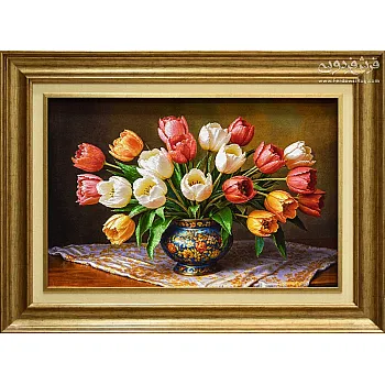 تابلو فرش دستباف طرح گل و گلدان بافت تبریز