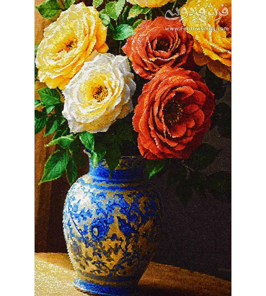 Hand-woven Tabriz carpet tableau featuring intricate rose flower vase design with window motif, showcasing fine craftsmanship.