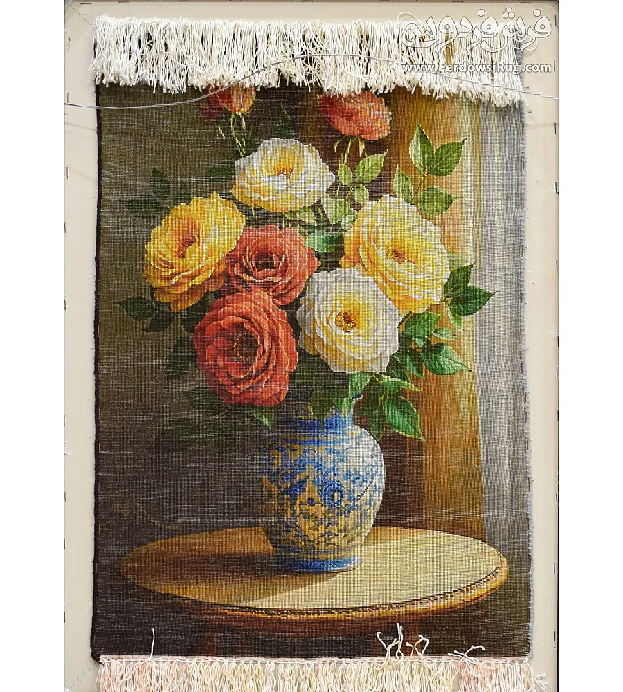 Hand-woven Tabriz carpet tableau featuring intricate rose flower vase design with window motif, showcasing fine craftsmanship.