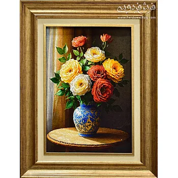 Hand-woven carpet tableau design of rose flower vase window Tabriz weaving
