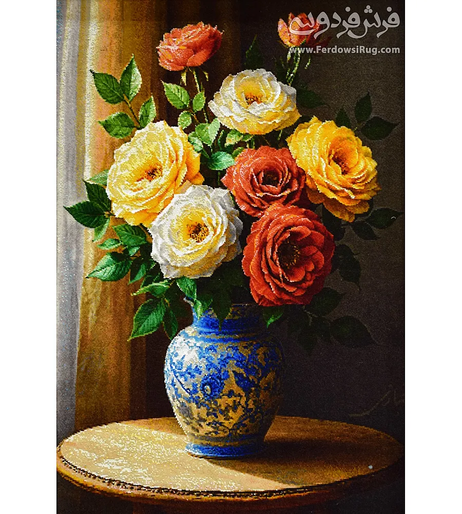 Hand-woven Tabriz carpet tableau featuring intricate rose flower vase design with window motif, showcasing fine craftsmanship.