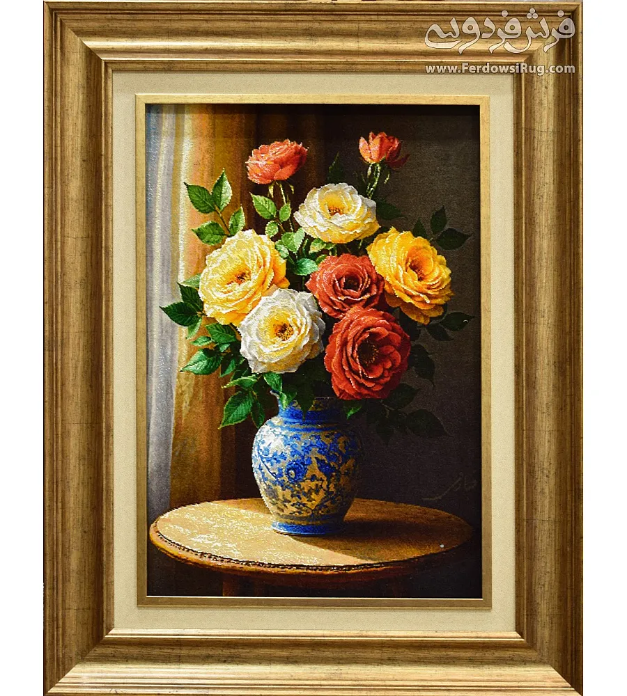 Hand-woven Tabriz carpet tableau featuring intricate rose flower vase design with window motif, showcasing fine craftsmanship.