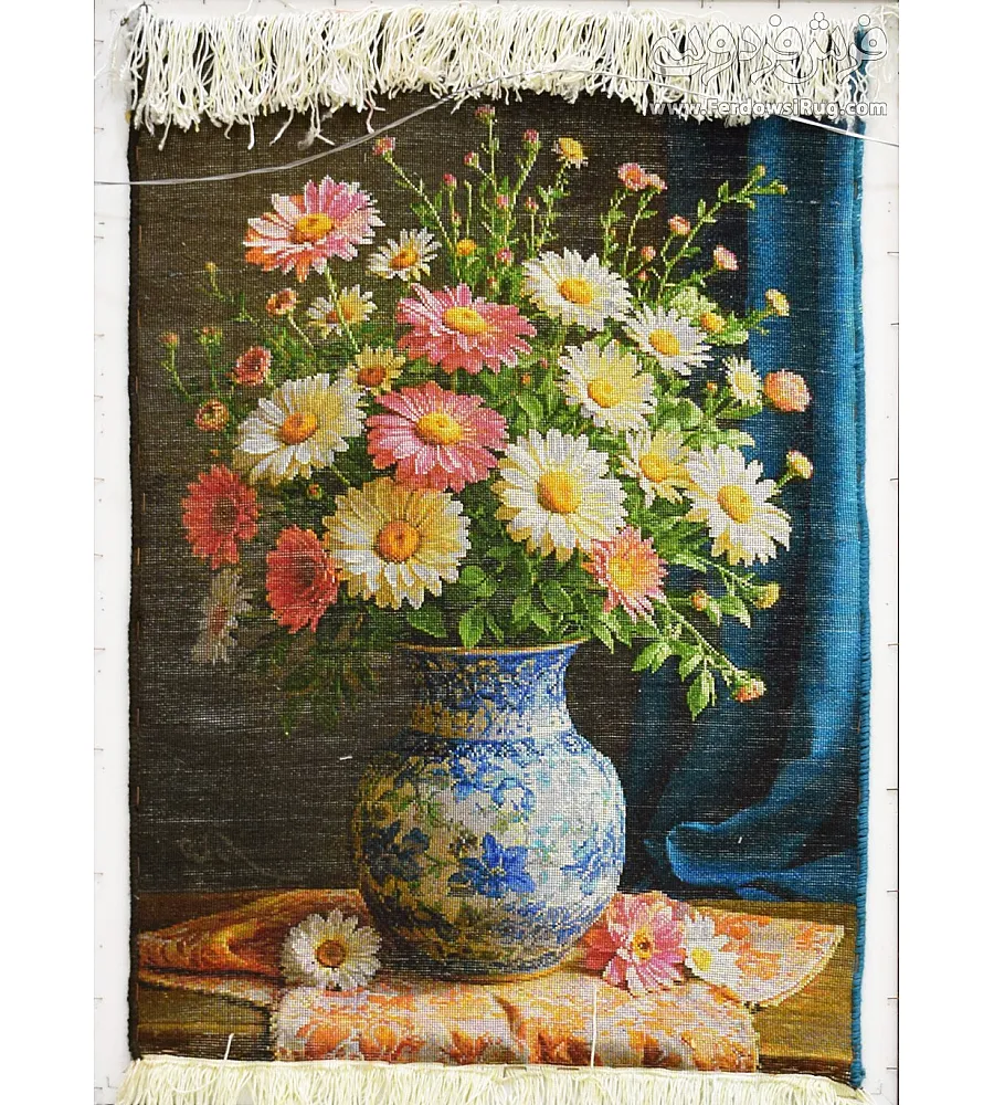 Tabriz handmade wall rug with dark floral design on a black background