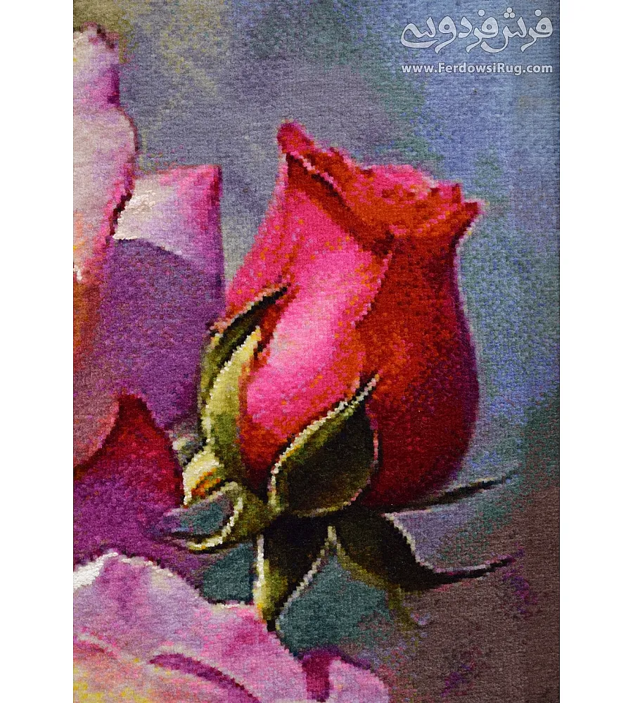 تابلو فرش دستباف طرح شاخه گل رز بافت تبریز با رنگ های زیبا و کیفیت بالا مناسب دکوراسیون منزل و هدیه