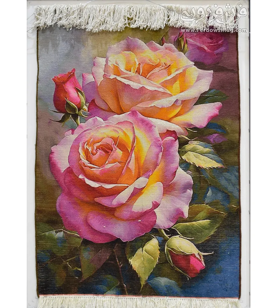 تابلو فرش دستباف طرح شاخه گل رز بافت تبریز با رنگ های زیبا و کیفیت بالا مناسب دکوراسیون منزل و هدیه