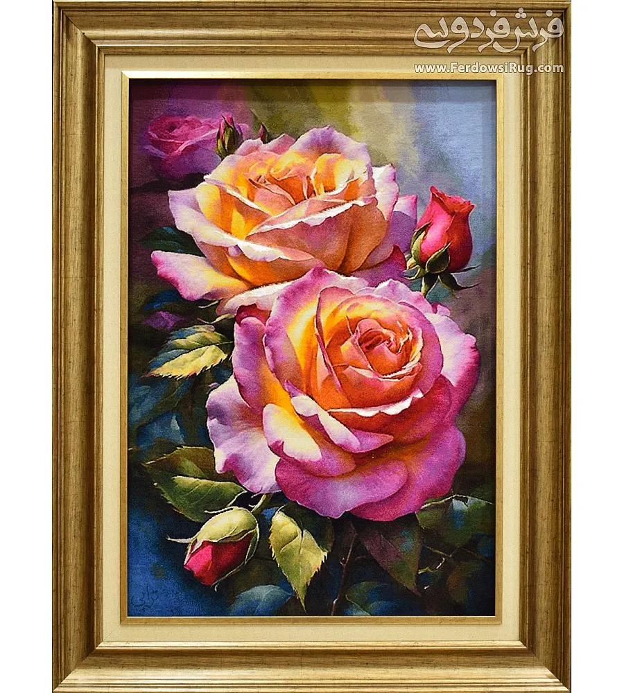 تابلو فرش دستباف طرح شاخه گل رز بافت تبریز با رنگ های زیبا و کیفیت بالا مناسب دکوراسیون منزل و هدیه