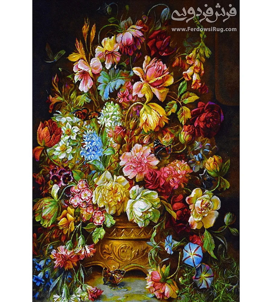 تابلو فرش دستباف طرح گلدان عشق بافت تبریز با رنگ های زیبا و نقش ظریف مناسب دکوراسیون منزل