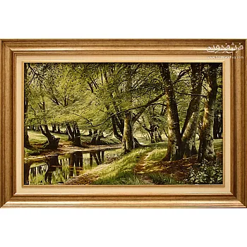 Handwoven carpet tableau with forest landscape design, Tabriz weaving