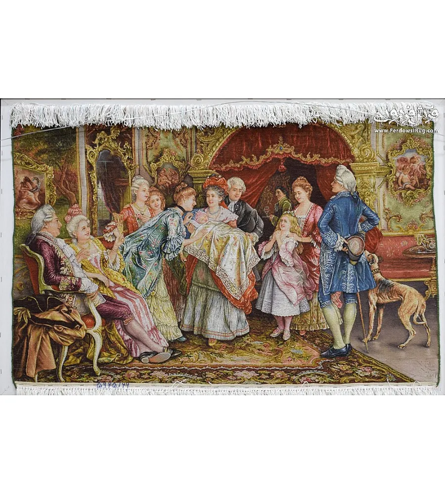 Handwoven pictorial carpet featuring French birth design, crafted in Tabriz with intricate detail and premium quality materials.