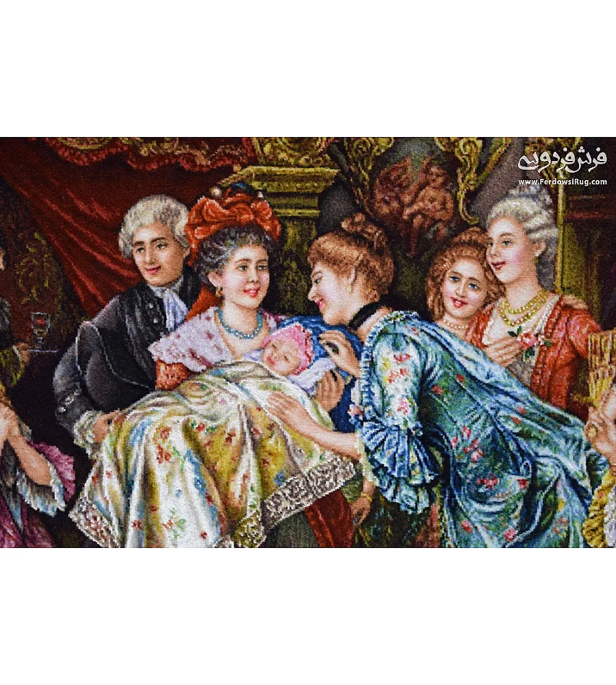 Handwoven pictorial carpet featuring French birth design, crafted in Tabriz with intricate detail and premium quality materials.