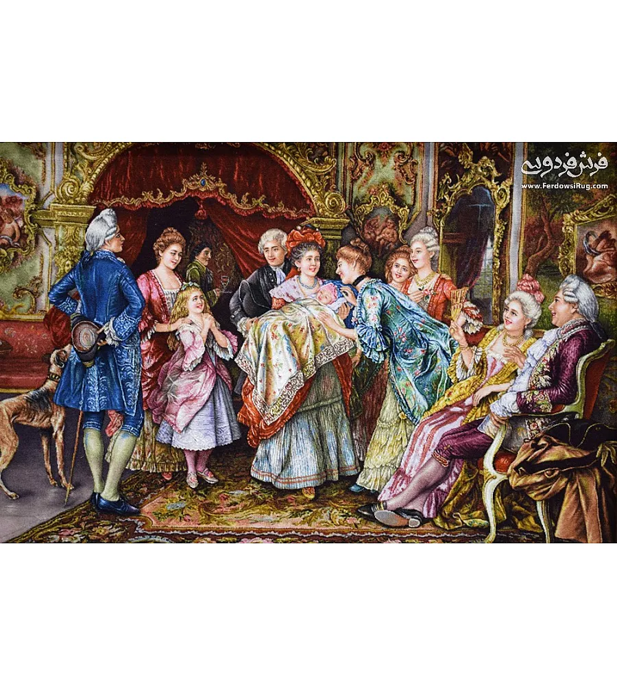 Handwoven pictorial carpet featuring French birth design, crafted in Tabriz with intricate detail and premium quality materials.