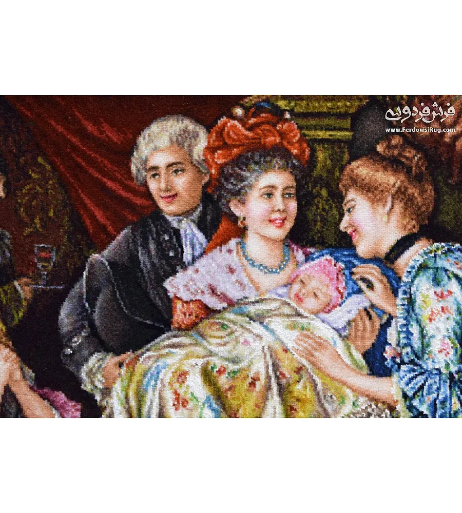 Handwoven pictorial carpet featuring French birth design, crafted in Tabriz with intricate detail and premium quality materials.