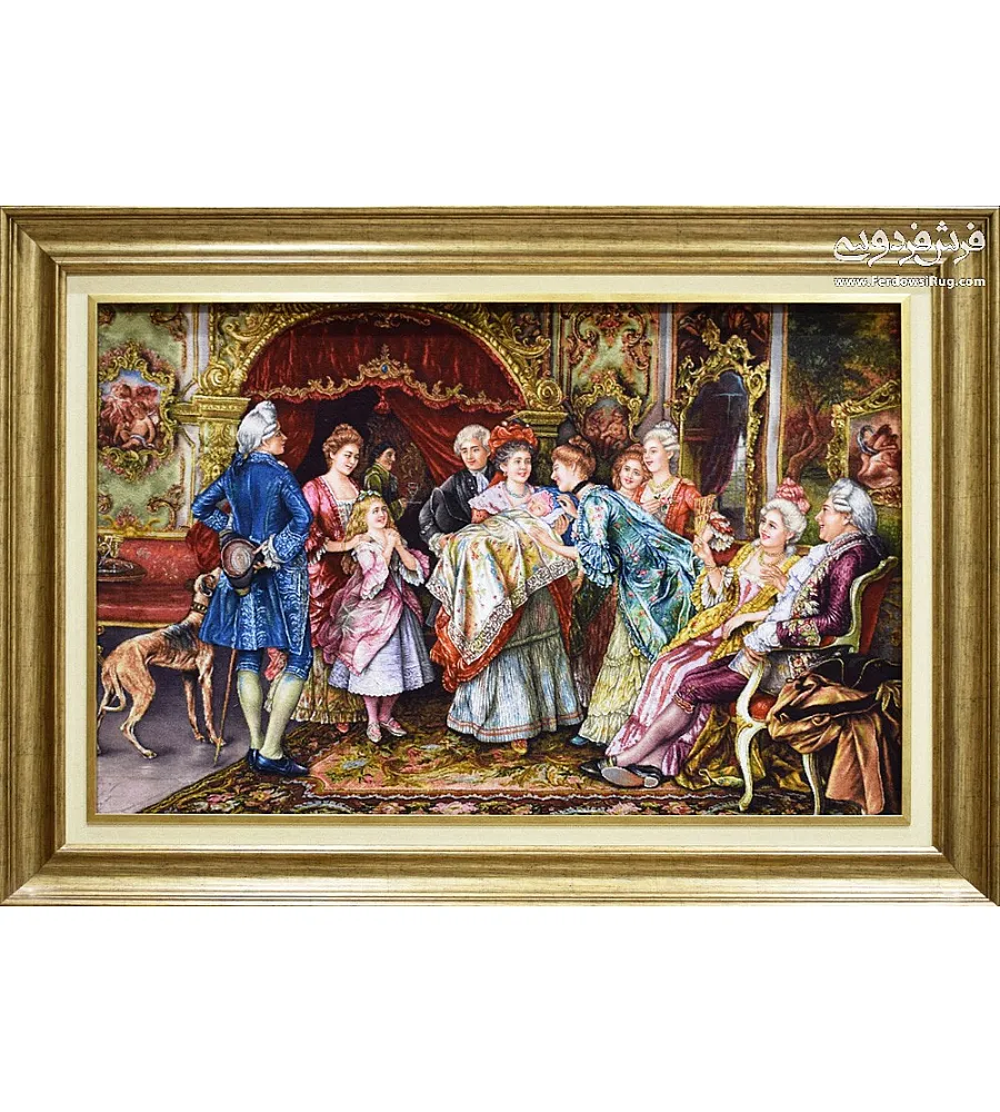 Handwoven pictorial carpet featuring French birth design, crafted in Tabriz with intricate detail and premium quality materials.