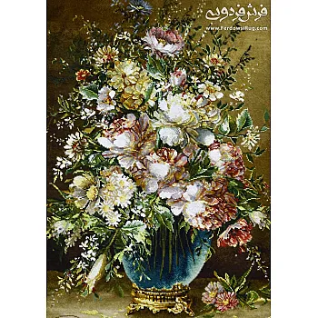 تابلو فرش دستباف طرح گلدان شیشه ای و گل لاله بافت تبریز 