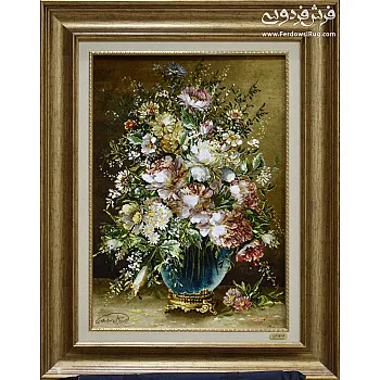 تابلو فرش دستباف طرح گلدان شیشه ای و گل لاله بافت تبریز 