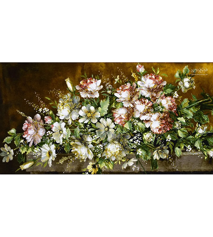 تابلو فرش دستباف طرح بوته گل روی سنگ بافت تبریز مناسب دکوراسیون داخلی و هدیه خاص