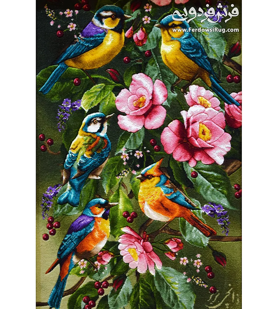 تابلو فرش دستباف طرح پرنده سحر گاهی بافت تبریز کیفیت بالا مناسب دکوراسیون منزل یا هدیه
