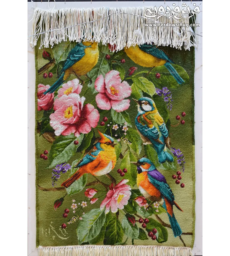 تابلو فرش دستباف طرح پرنده سحر گاهی بافت تبریز کیفیت بالا مناسب دکوراسیون منزل یا هدیه