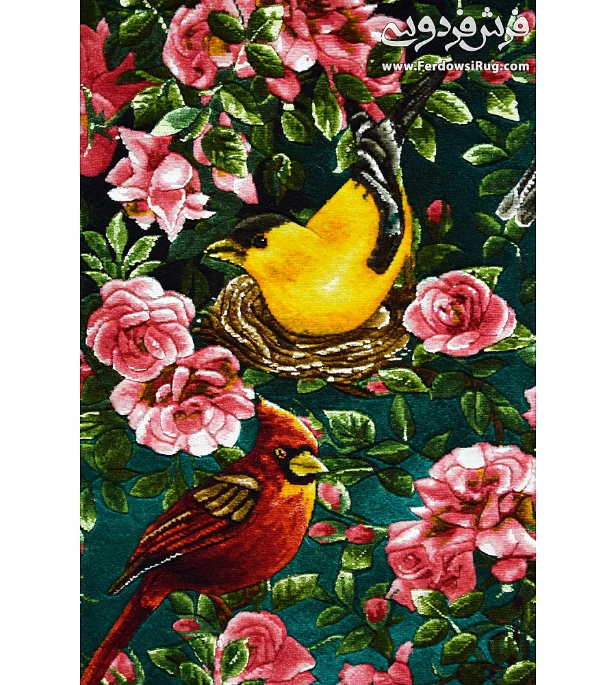 تابلو فرش دستباف طرح پرنده و گل بافت تبریز با رنگ های زنده مناسب برای دکوراسیون داخلی