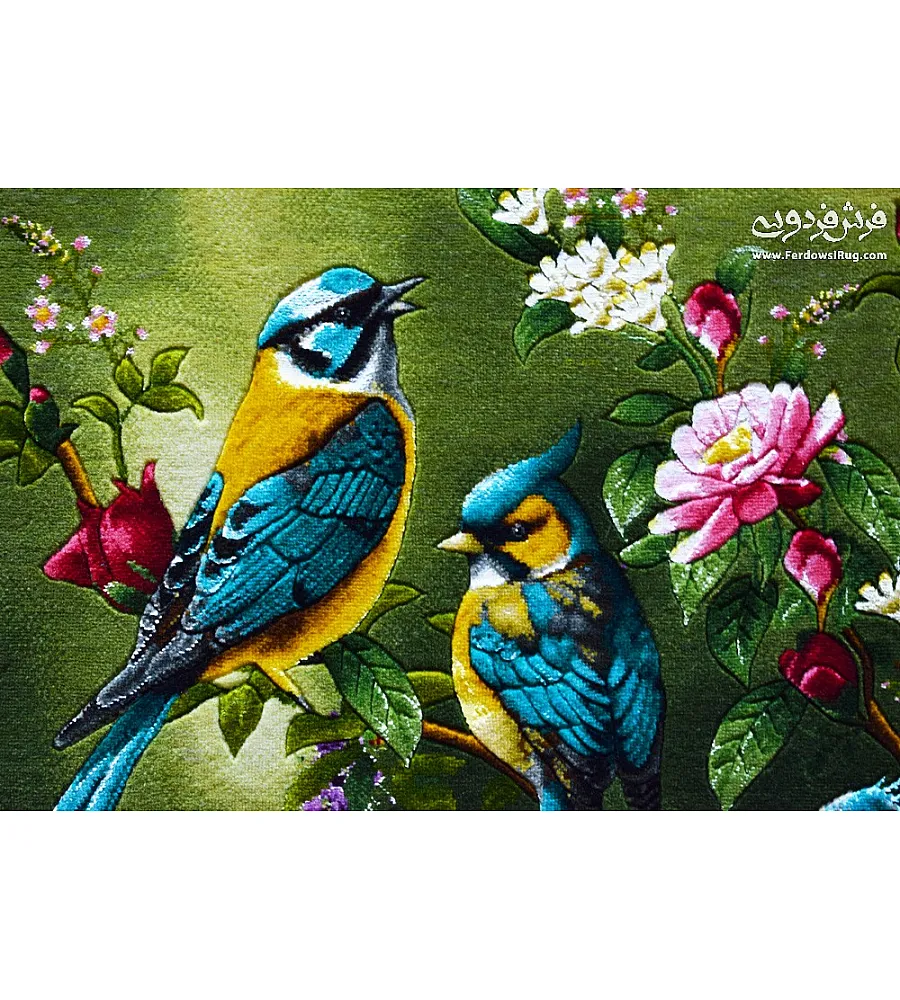 Handmade Tabriz wall rug with bird and cherry blossom design, vibrant colors, high-quality craftsmanship, perfect for home decor