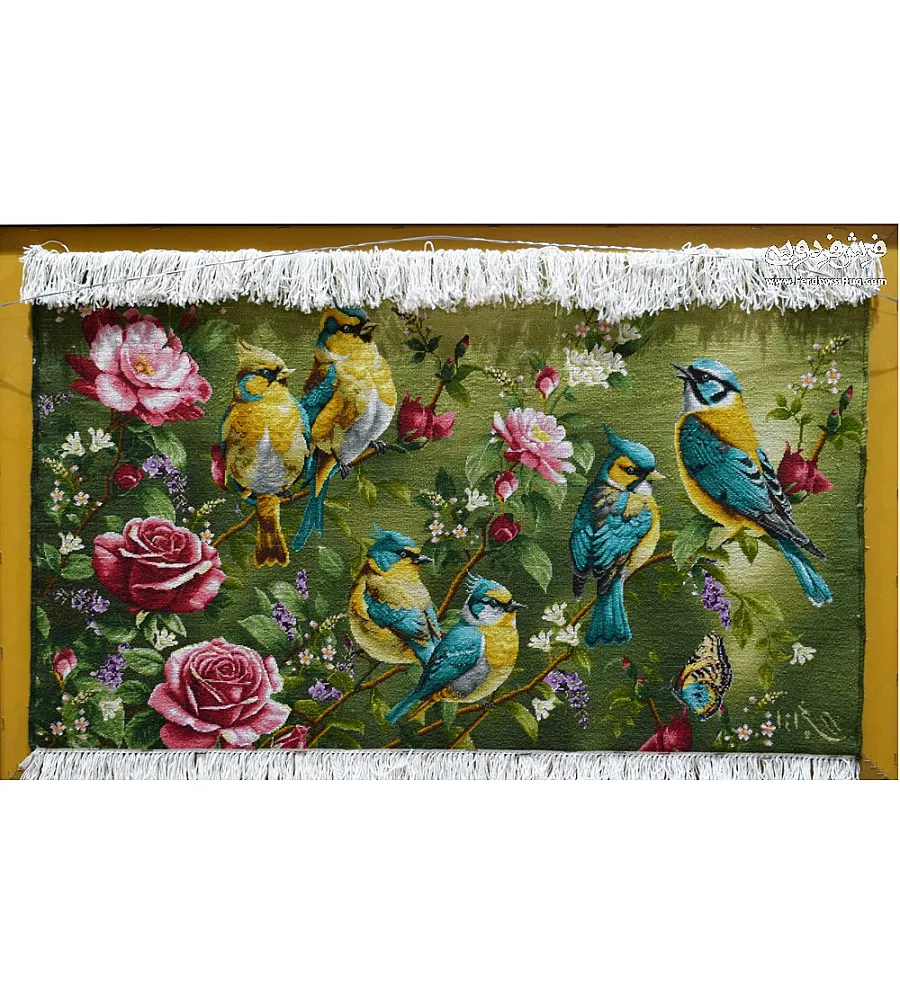 Handmade Tabriz wall rug with bird and cherry blossom design, vibrant colors, high-quality craftsmanship, perfect for home decor