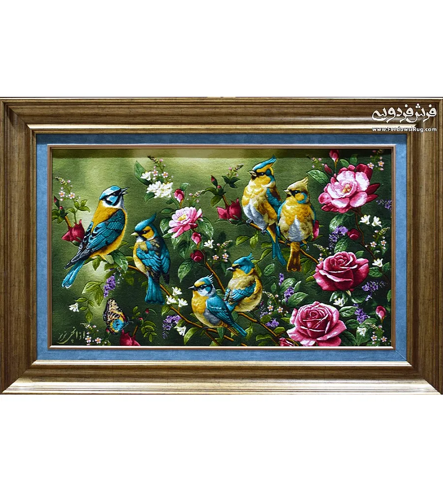Handmade Tabriz wall rug with bird and cherry blossom design, vibrant colors, high-quality craftsmanship, perfect for home decor