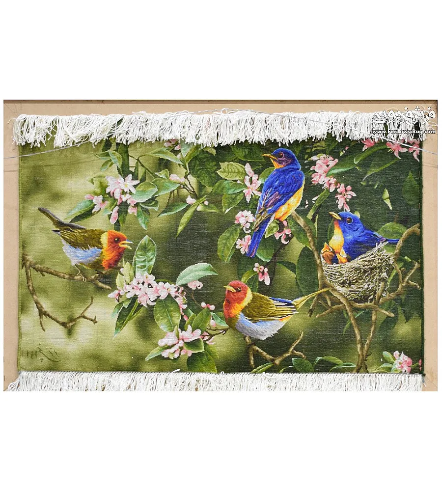 Tabriz handmade wall rug featuring intricate design of four colorful canaries on a vibrant floral background